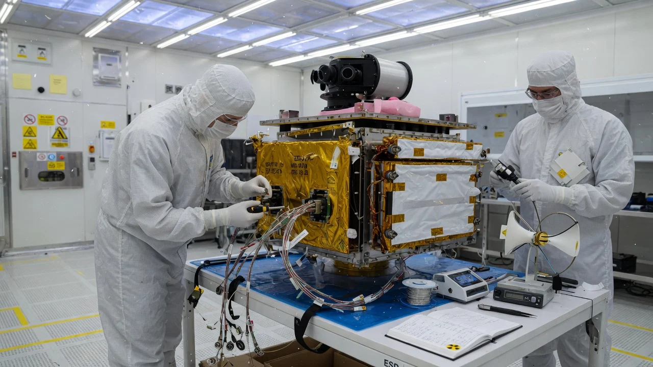 Engineers in a clean room integrating a gold-foil satellite bus