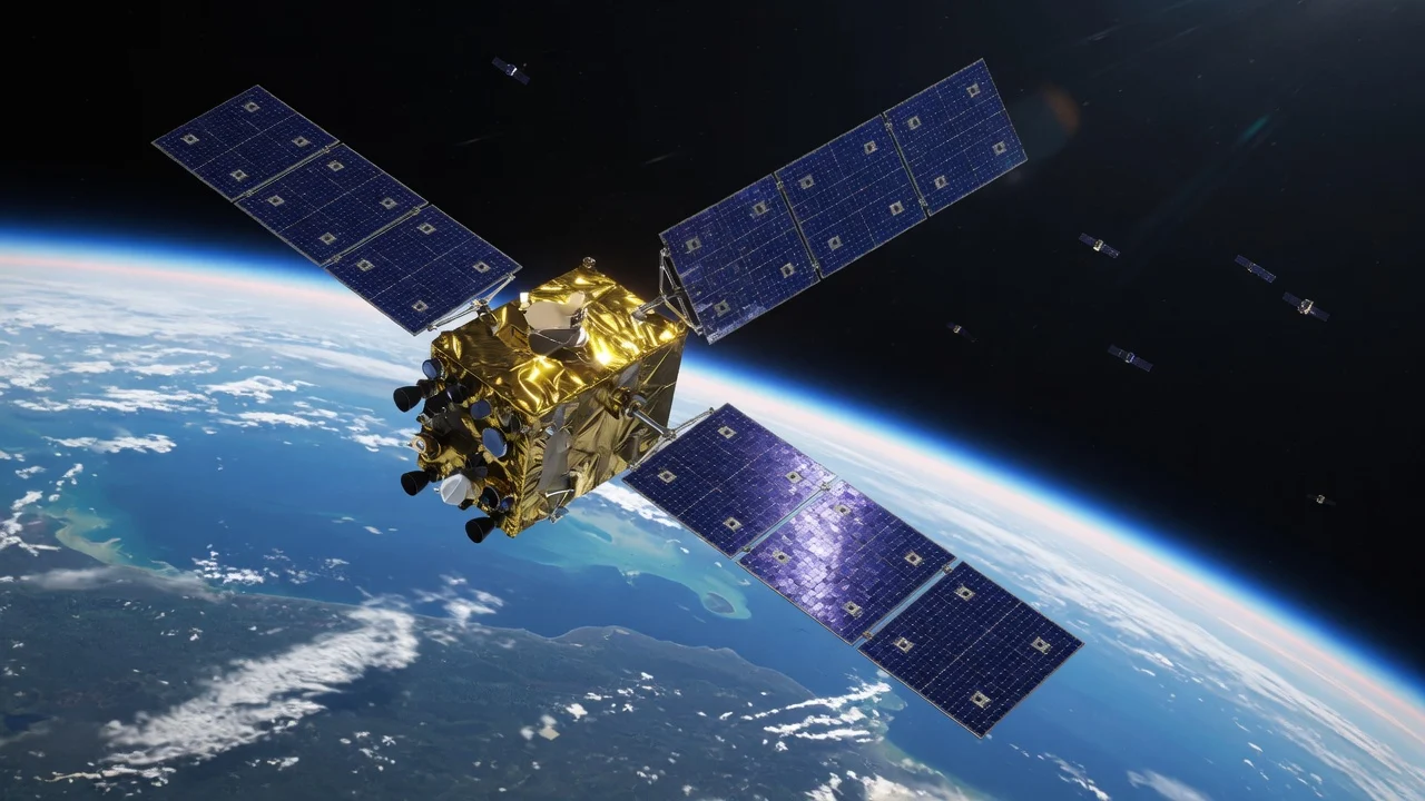 Small satellite over Earth with solar arrays deployed
