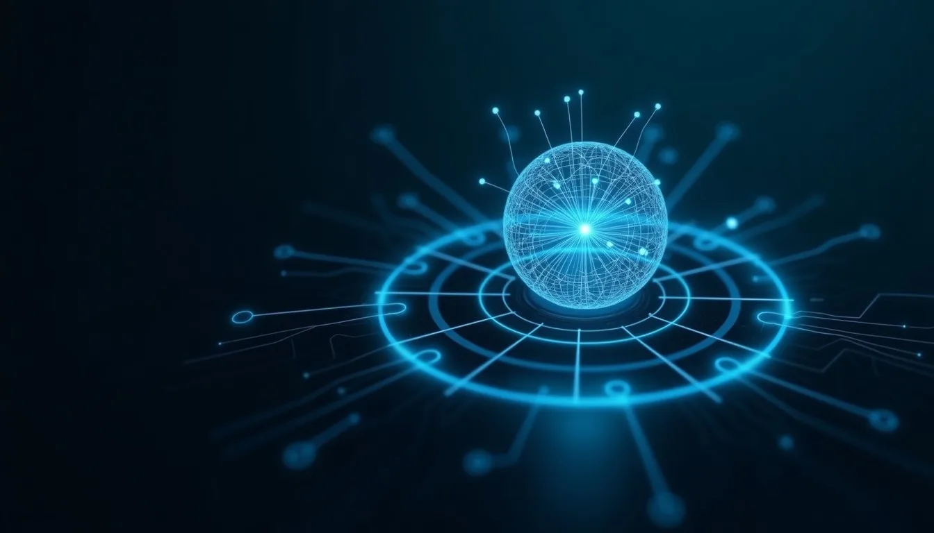 Luminous wireframe neural core with orbiting nodes connected by light conduits