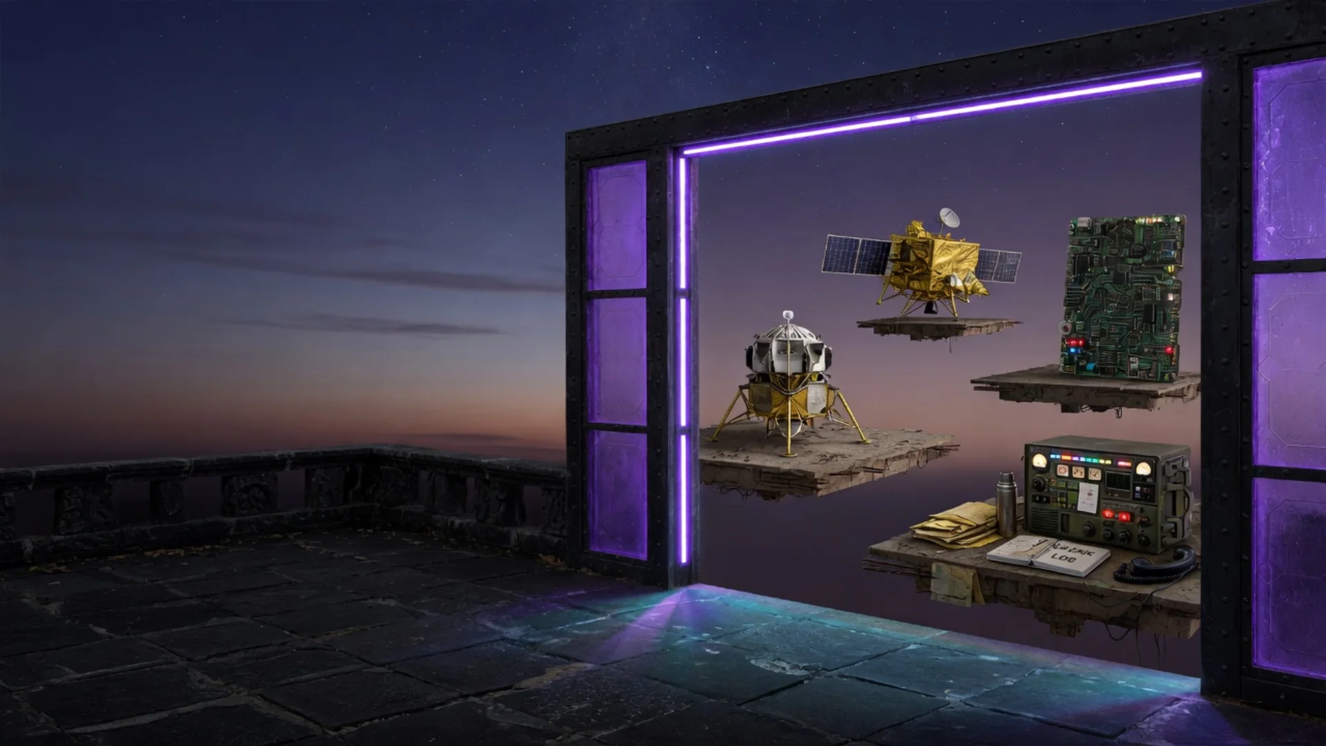Dark stone terrace at dusk, a violet-lit portal holding a lunar lander, a satellite, a circuit board, and a command radio