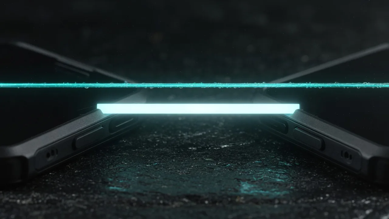 Two rugged phones with a sealed cyan channel between them