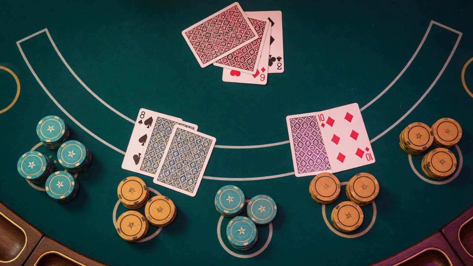 Original web blackjack table with chips and dealt cards