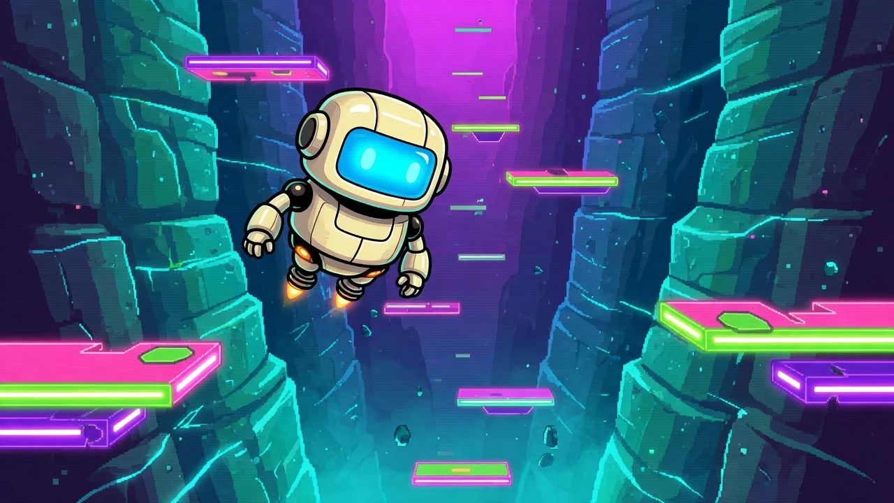 Original cream robot bouncing up neon platforms in a canyon