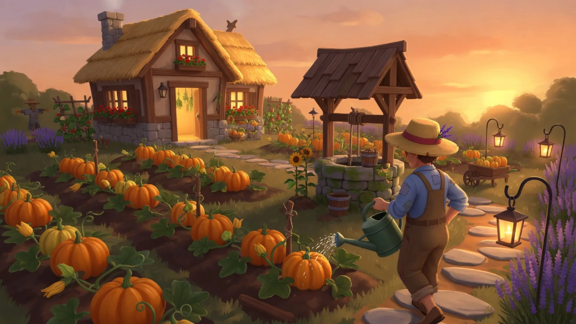Original cozy farming RPG at golden hour