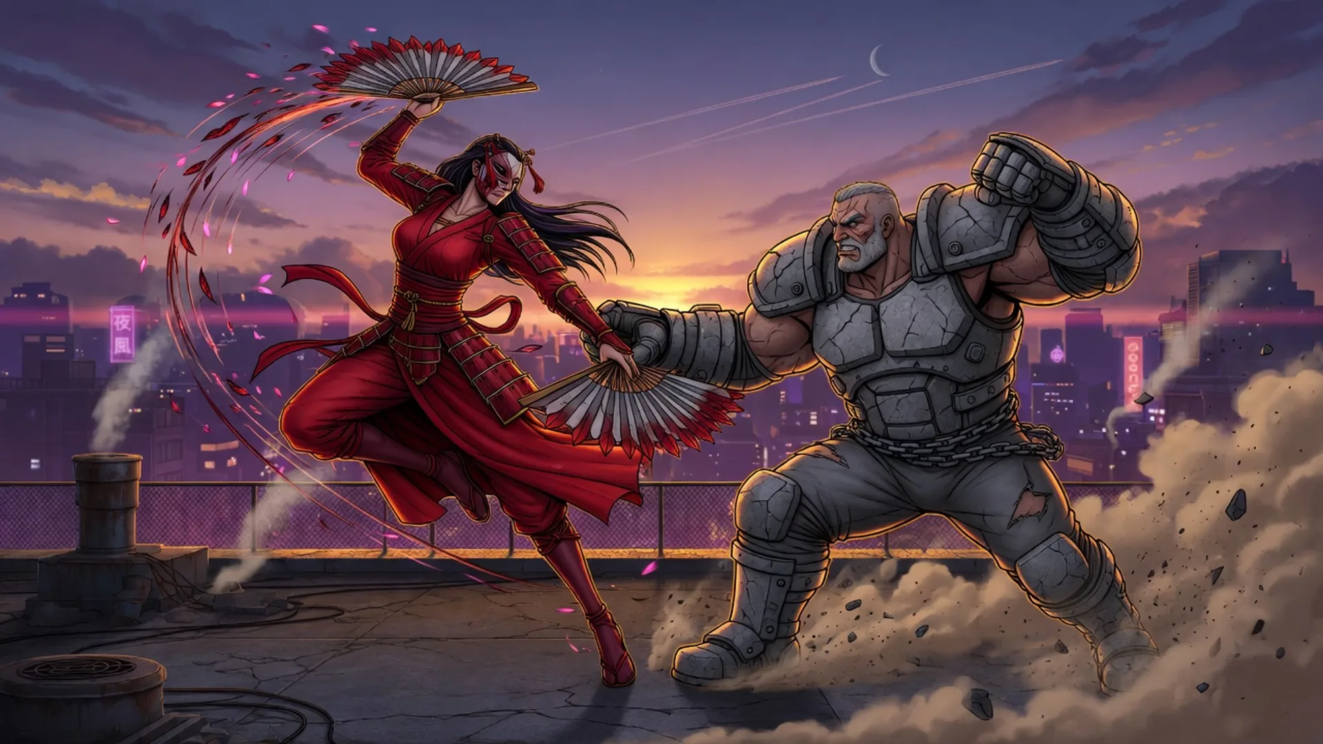Original fighting game: crimson fan fighter versus a stone-plated wrestler