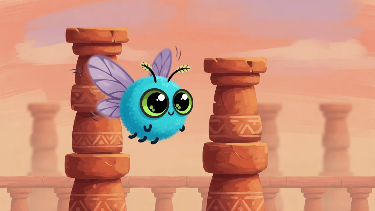 Original cyan moth flying between terracotta columns