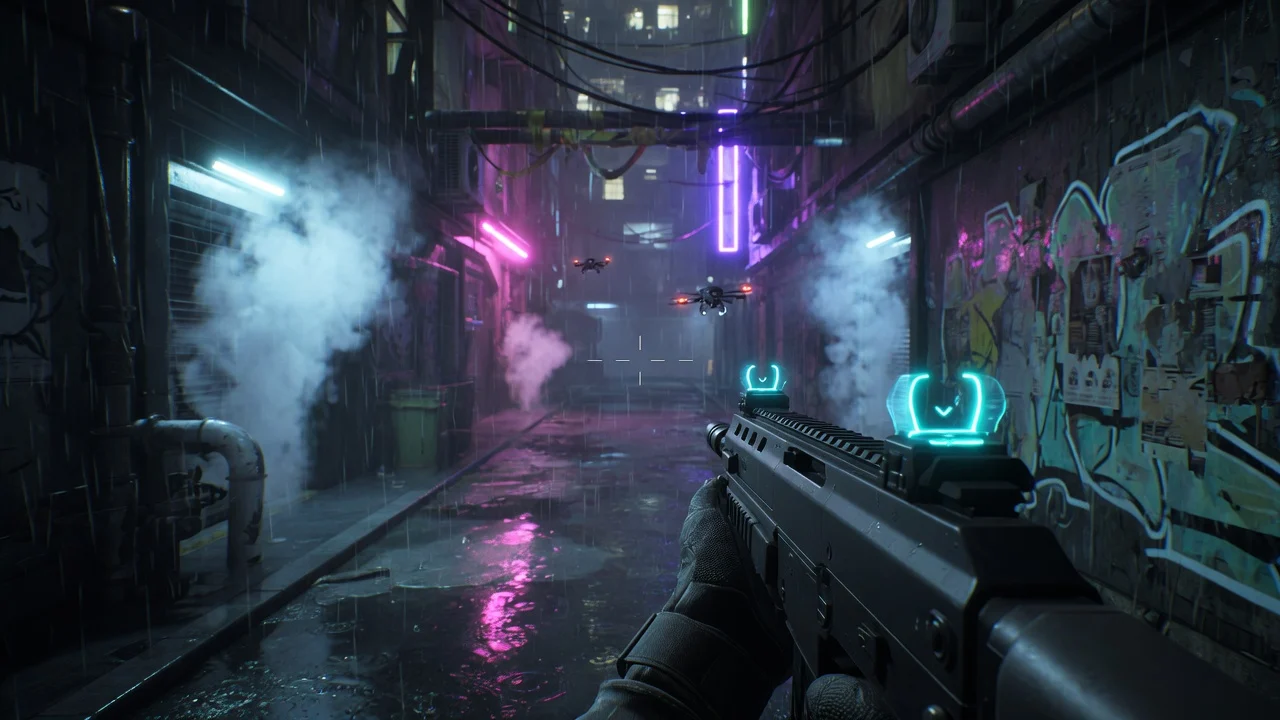 Original first-person action game concept in a neon-lit city alley