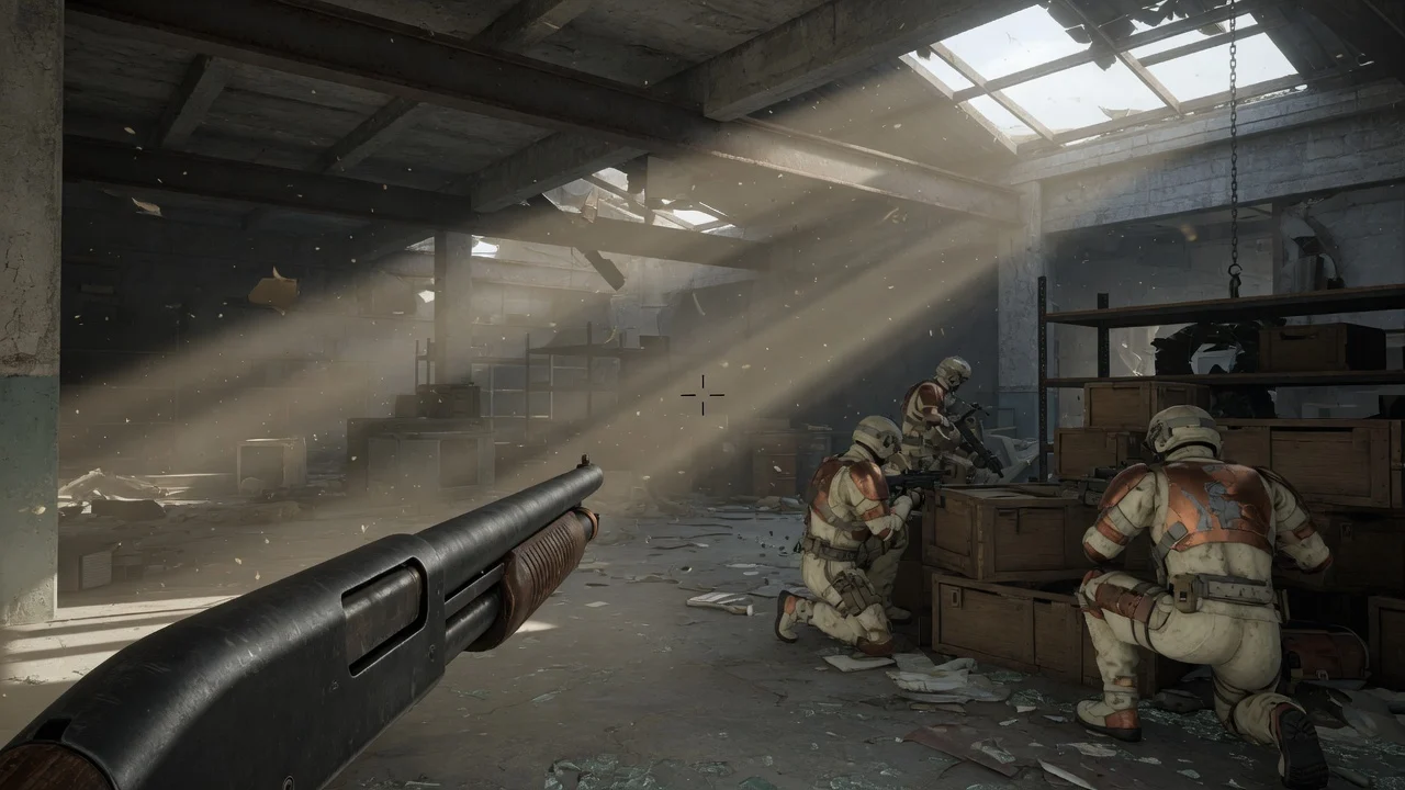 Original first-person warehouse raid with a shotgun and squad in cover