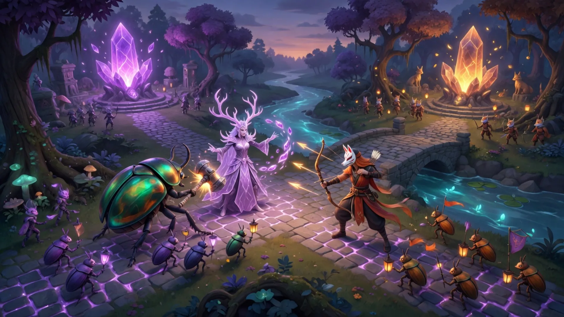 Original isometric MOBA at a river crossing