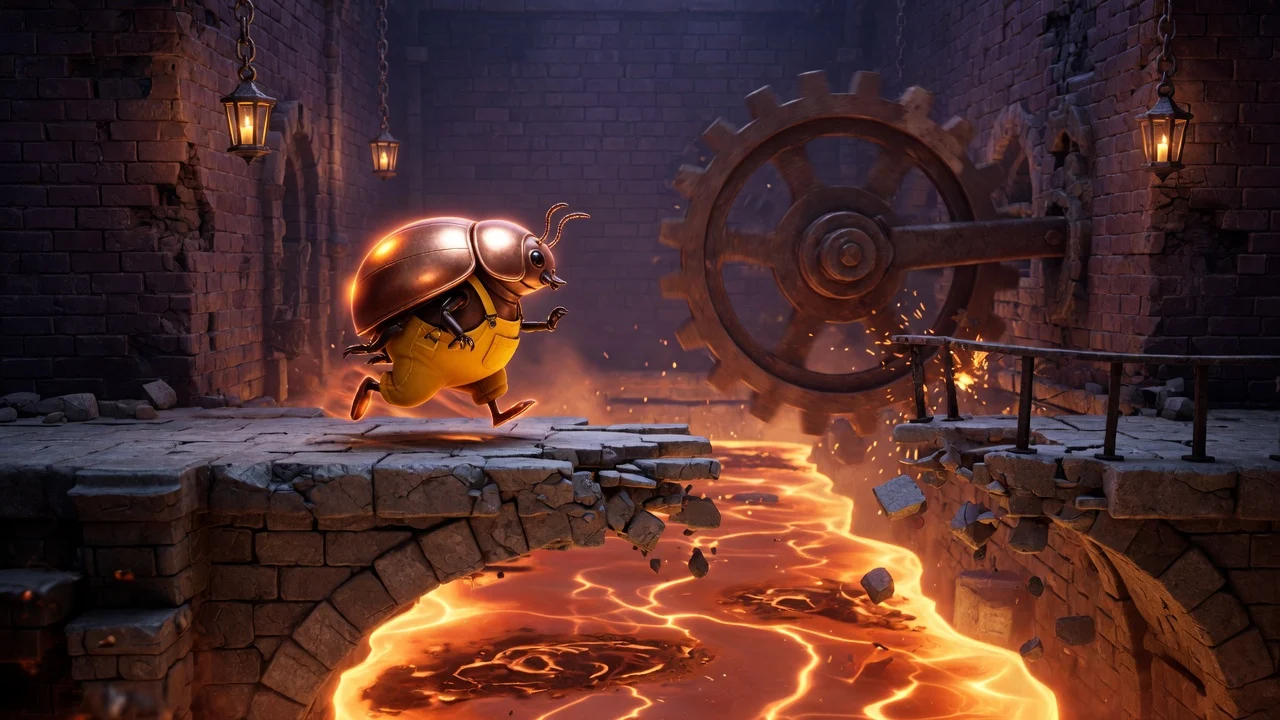 Original beetle hero running a cracked stone bridge over molten copper