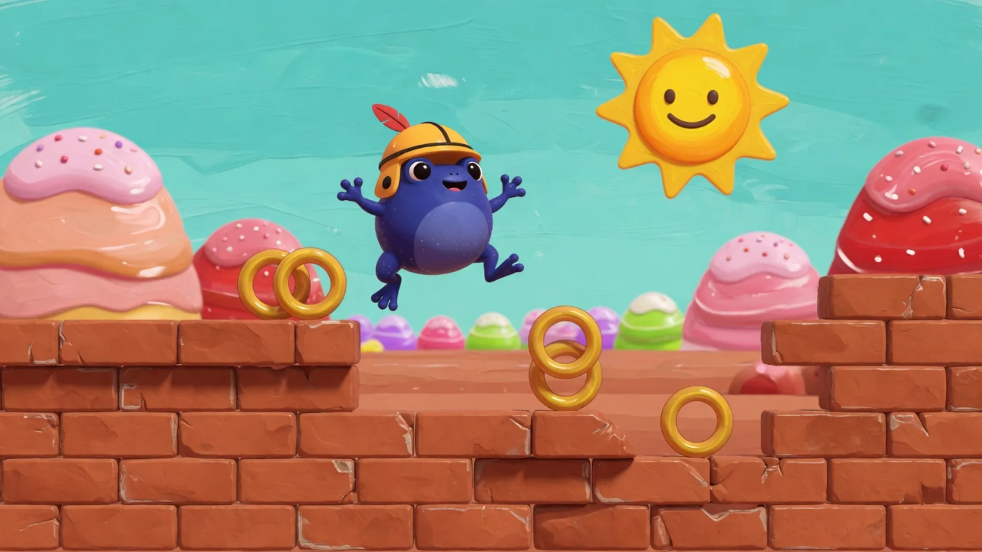 Original 2D platformer with a round indigo frog jumping brick platforms