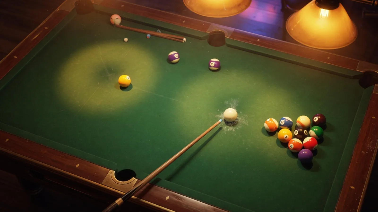 Original web pool table with cue striking the white ball