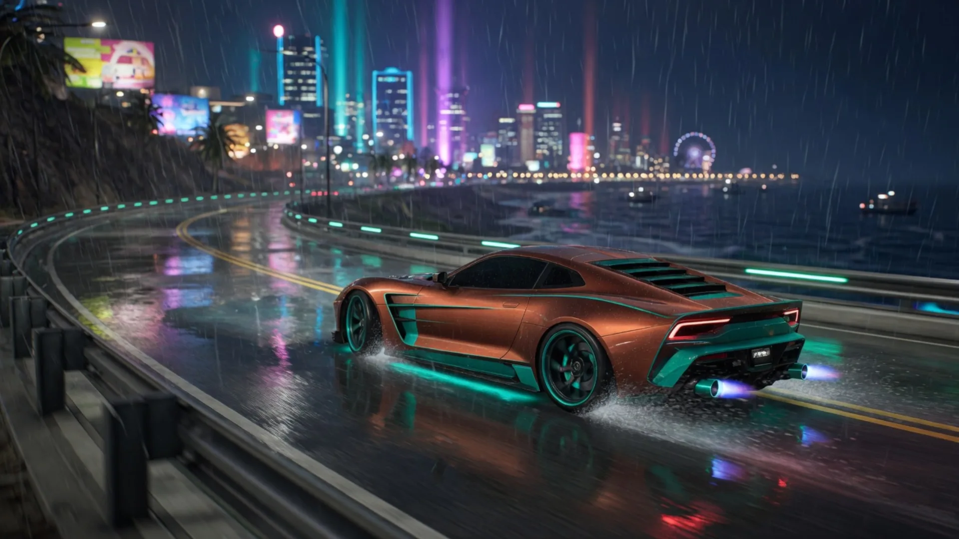 Original racing game: copper sports car on a rainy coastal highway