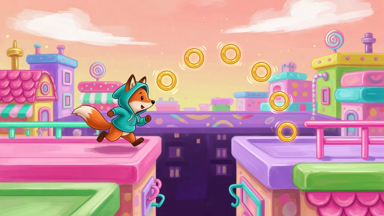 Original fox in a hoodie sprinting candy-colored rooftops