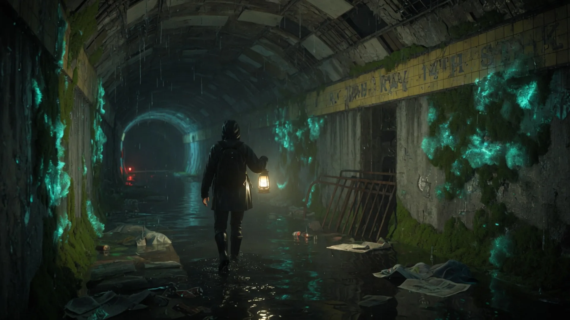 Original stealth-horror: a lantern in a flooded subway tunnel