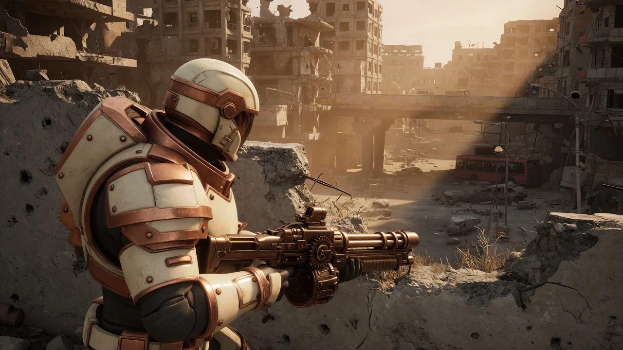Original third-person cover shooter in cream-and-copper armor