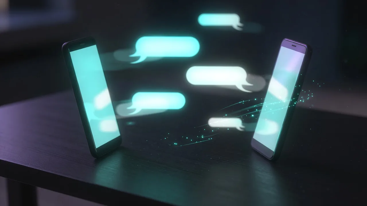 Two phones exchanging messages across a desk