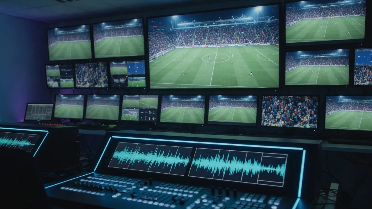 Broadcast control room with a wall of stadium feeds