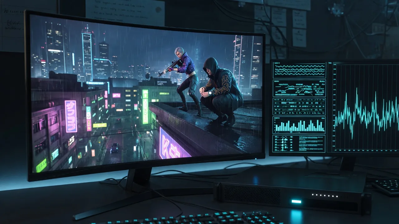 Game-operations desk with a live match, cyan tick graphs, and a server blade