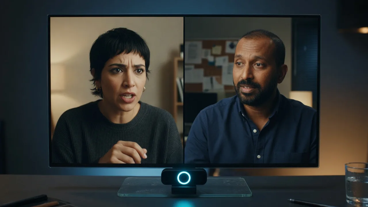 Split-screen video call on a desk monitor