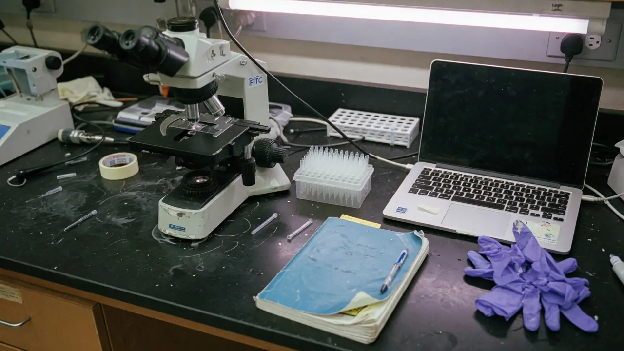 Biomedical lab bench: fluorescence microscope, pipette tips, notebook, laptop