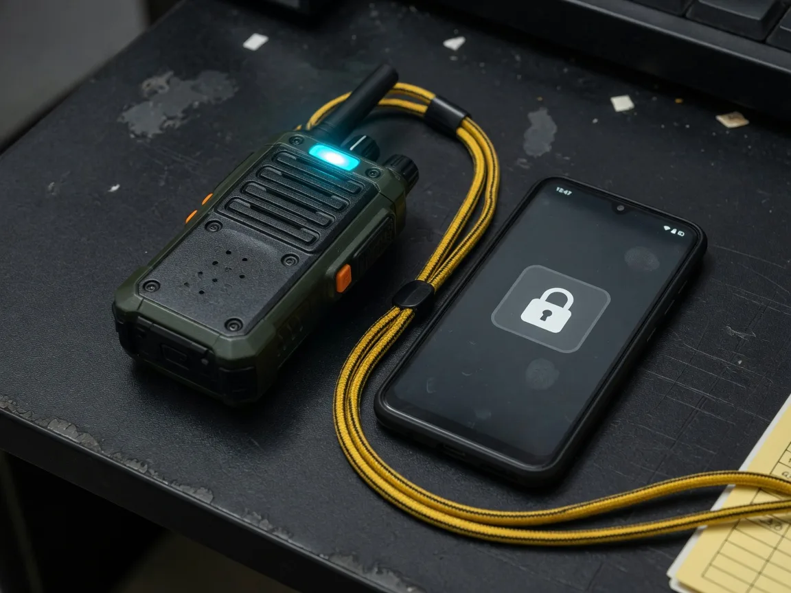A rugged issued radio and phone on a command desk