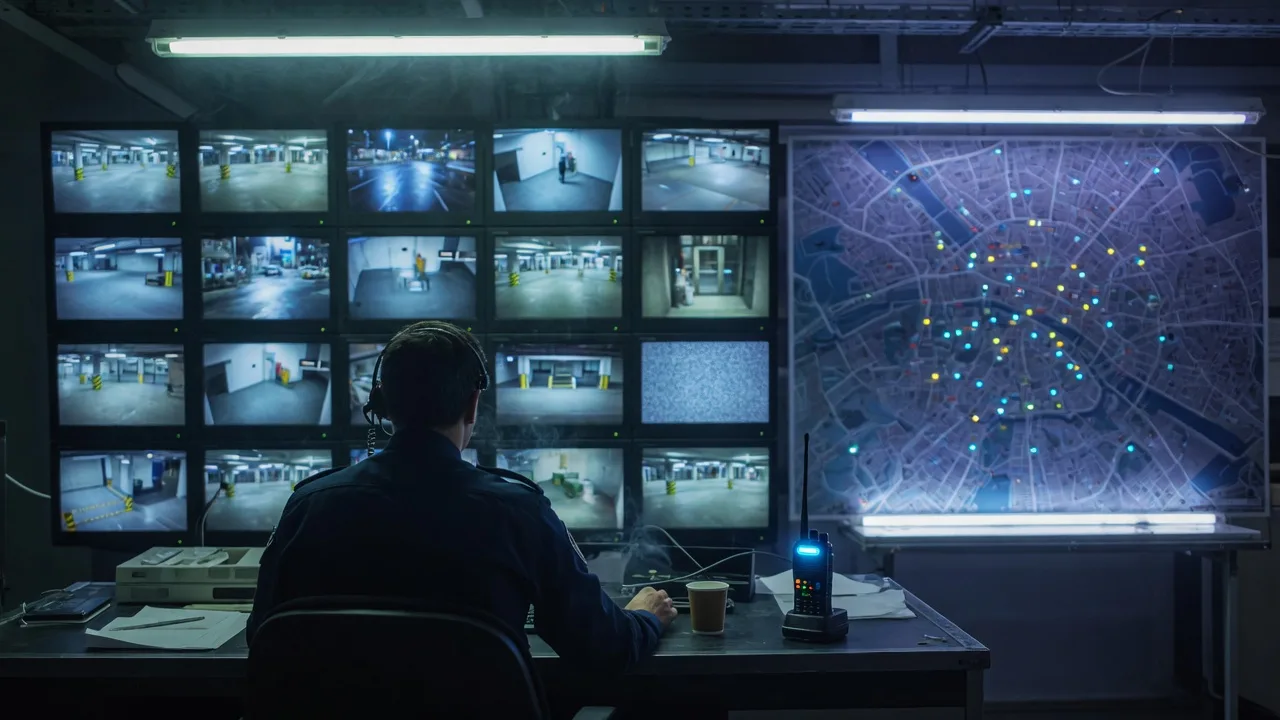 Command operator at a desk with a 4G radio, a wall of cameras, and a city map of units