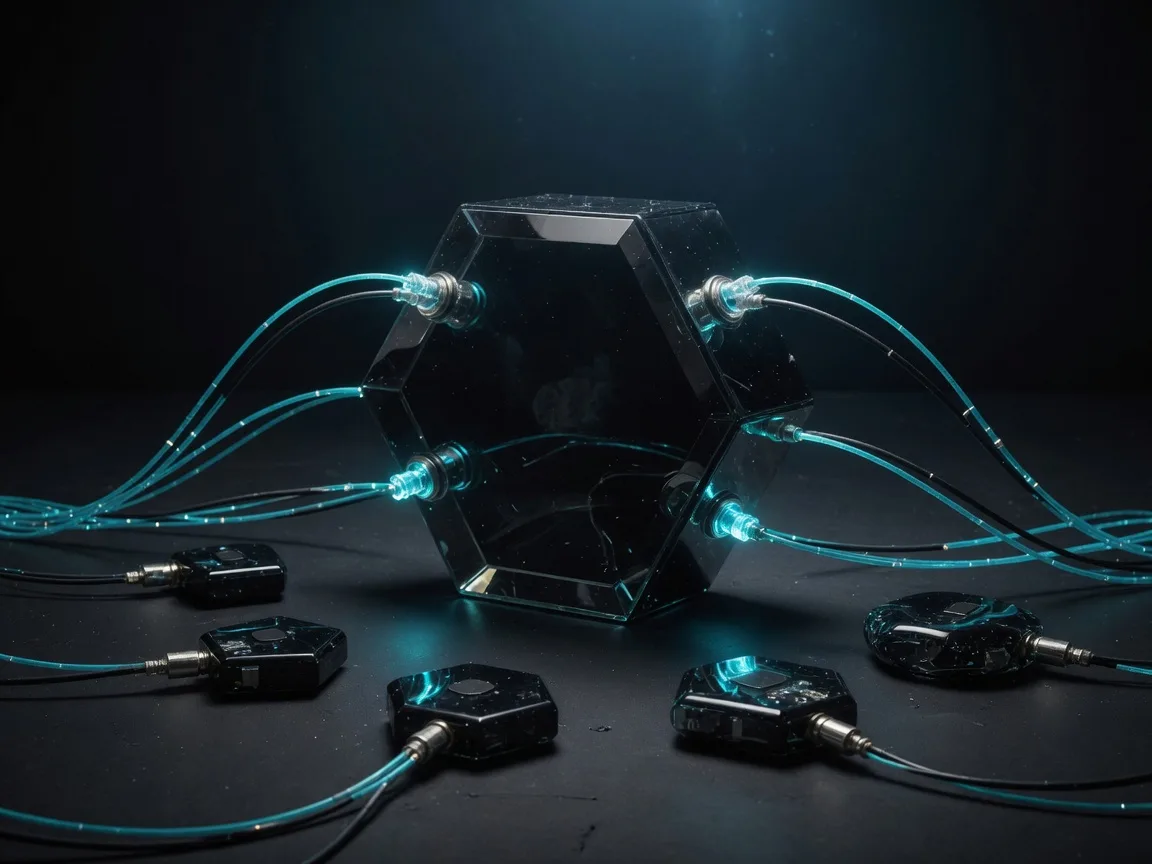 Hexagonal glass gateway with cyan cables