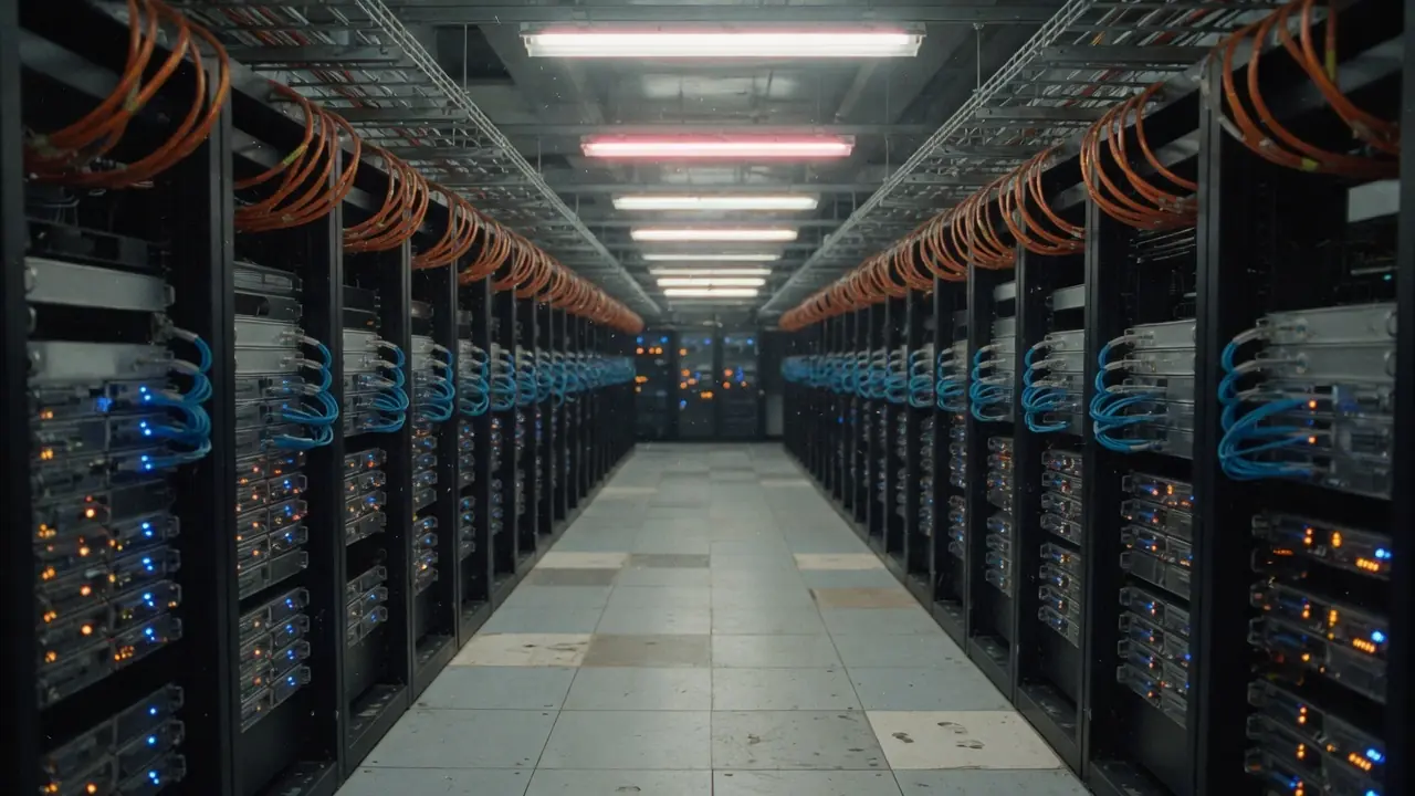 Data-center hot aisle, copper and fiber patching, mixed status LEDs