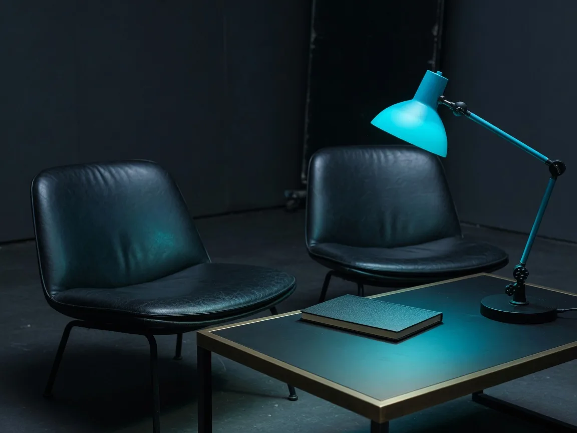 Two lounge chairs, a notebook, and a cyan desk lamp