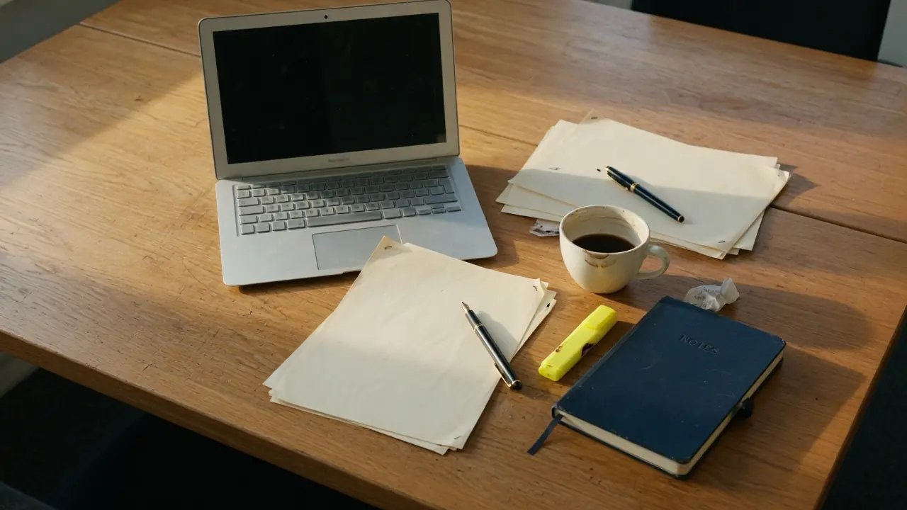 Working table mid-session: laptop, marked-up papers, coffee, notebook