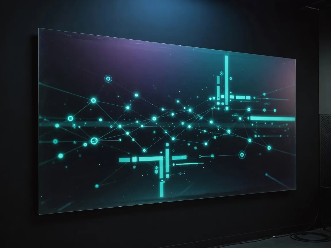 Ultrawide display of abstract cyan dashboard nodes