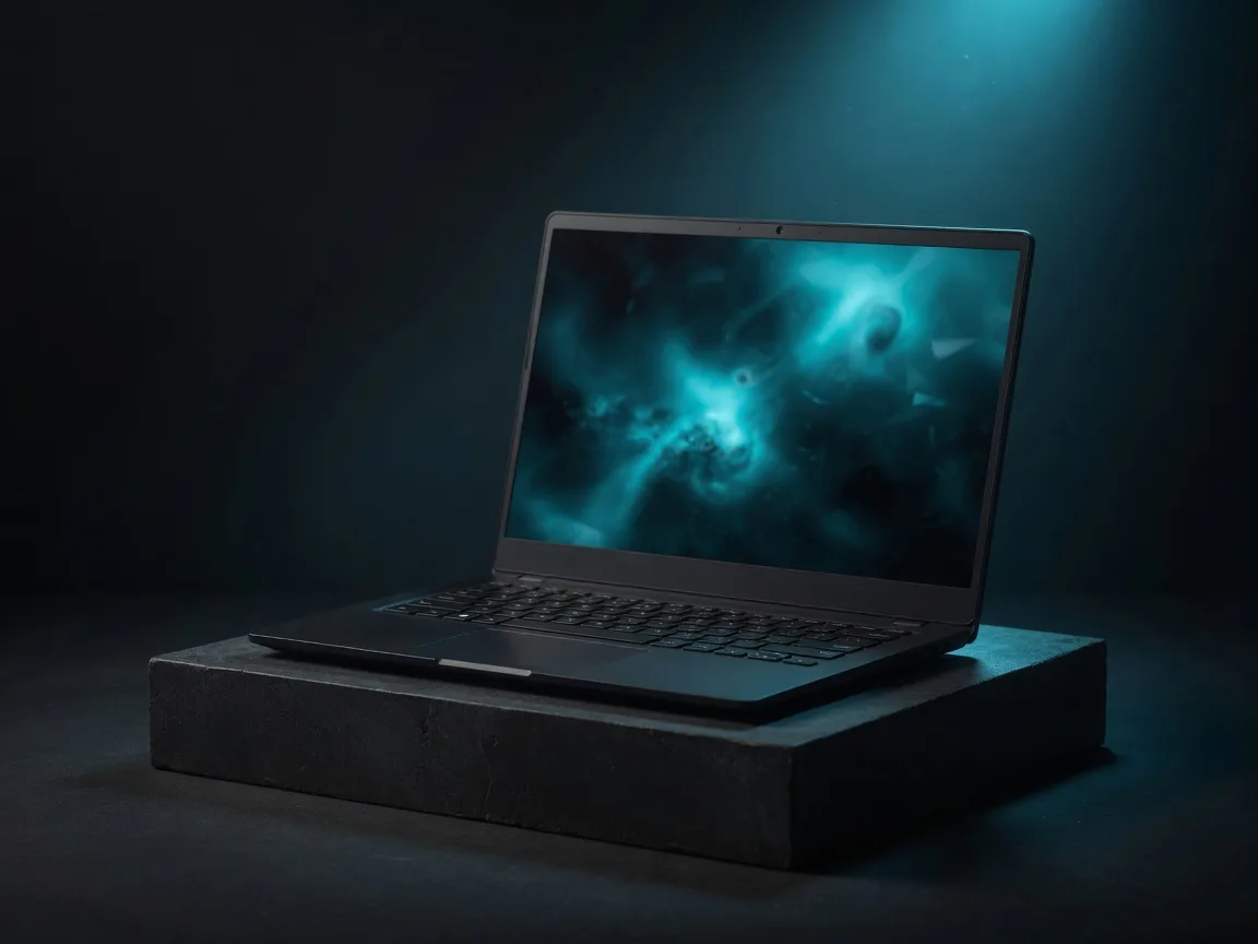 Matte laptop on a stone plinth with a cyan glow