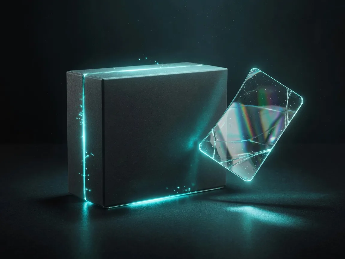 Product box with a cyan seam and a hovering glass shard