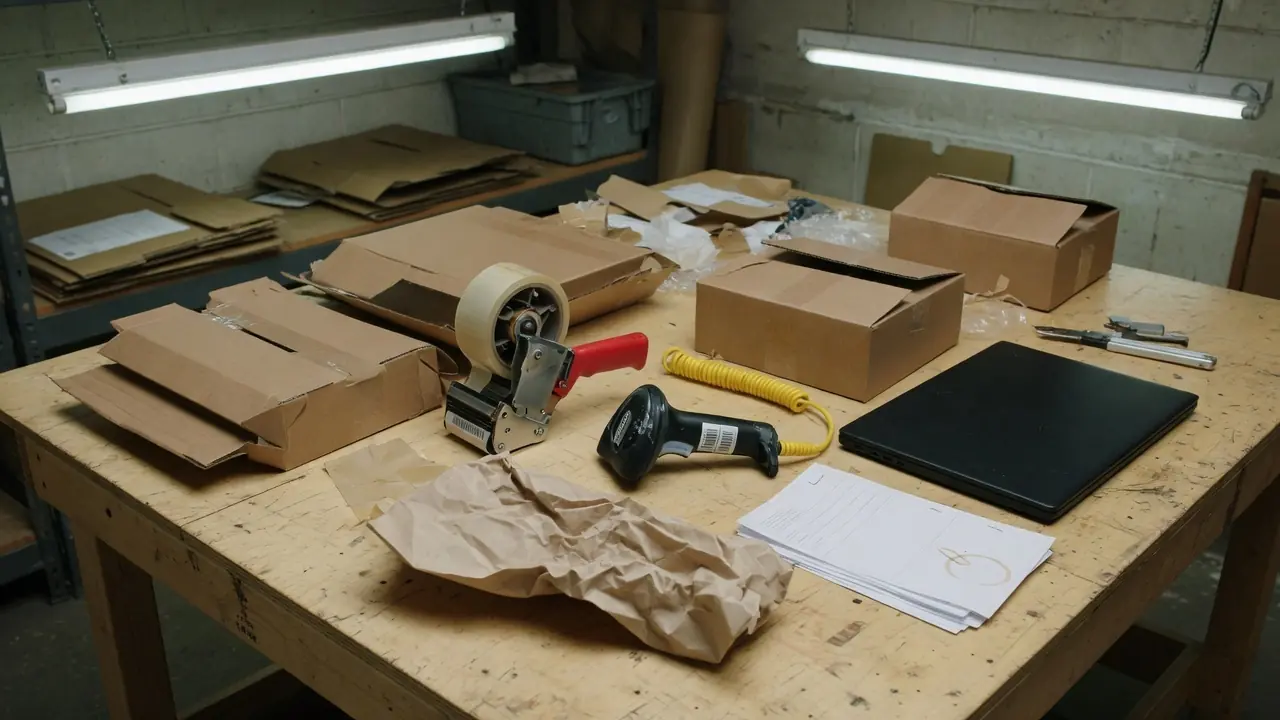 Warehouse packing bench with boxes, tape gun, scanner, and packing slips
