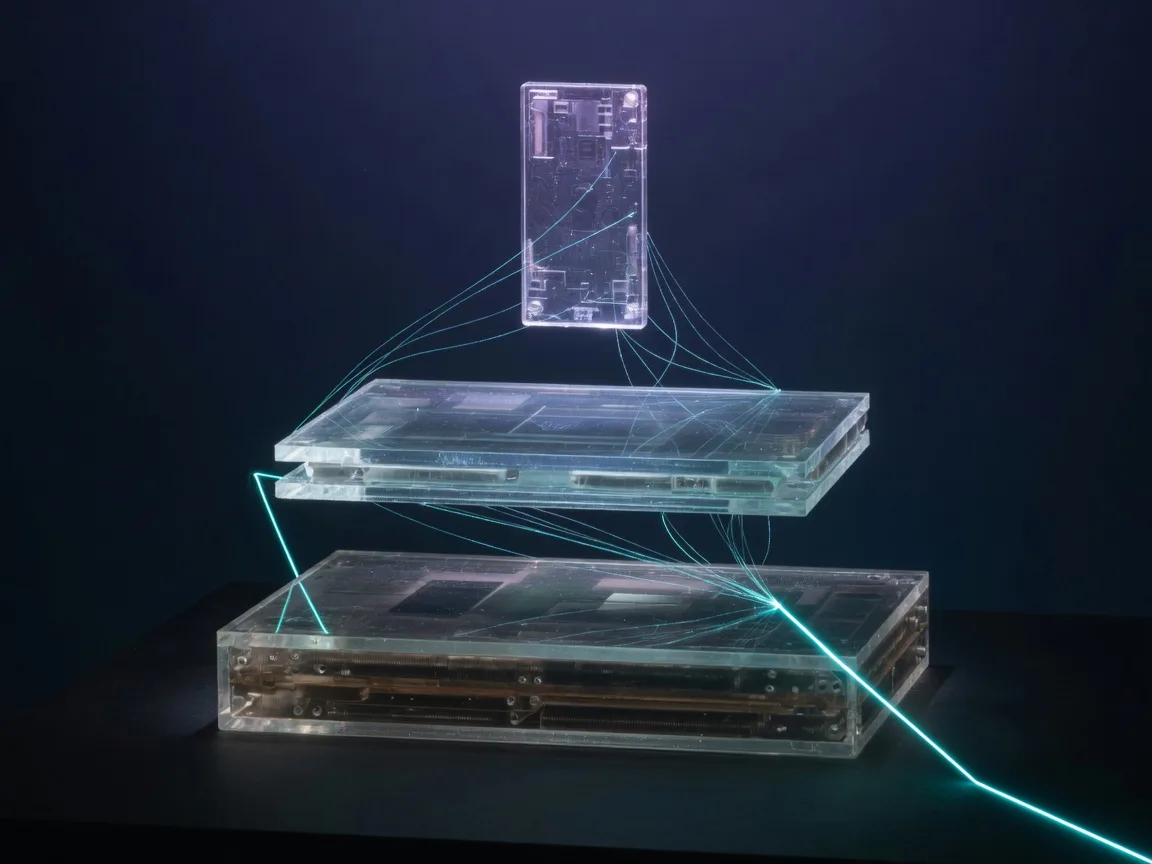 Stacked glass layers of a product connected by cyan filaments