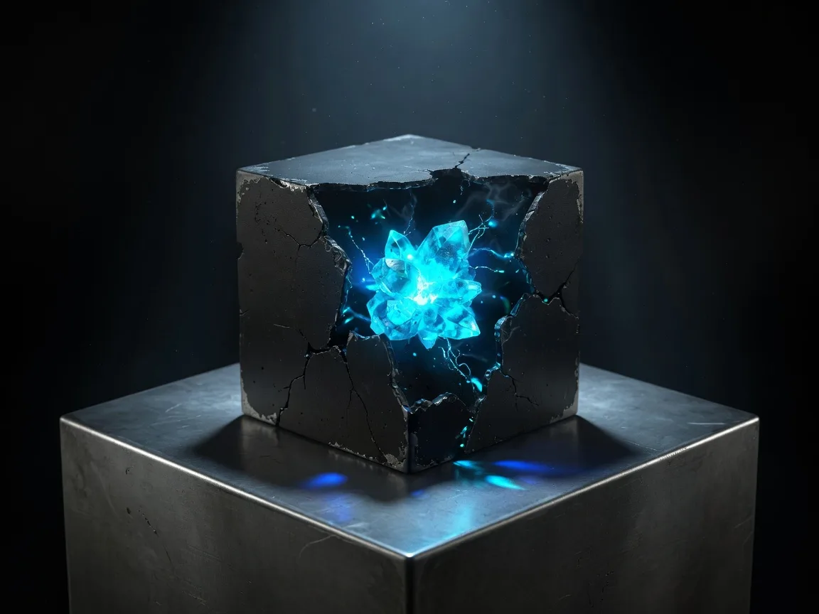 Black cube cracked open to a glowing cyan crystal core