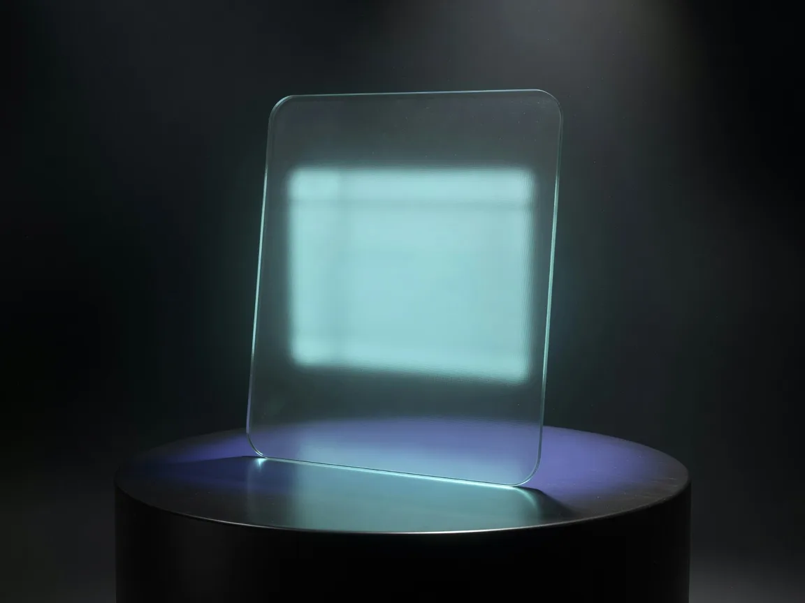 Frameless glass pane standing on a plinth